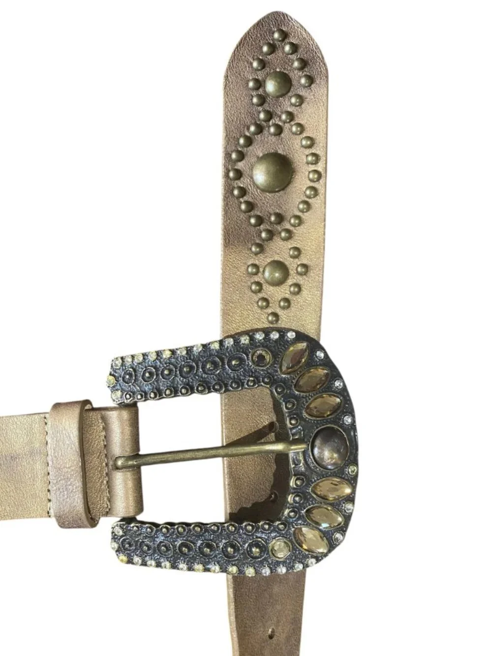 Streets Ahead Metallic Bronze Studded Leather Belt Rhinestone Buckle L